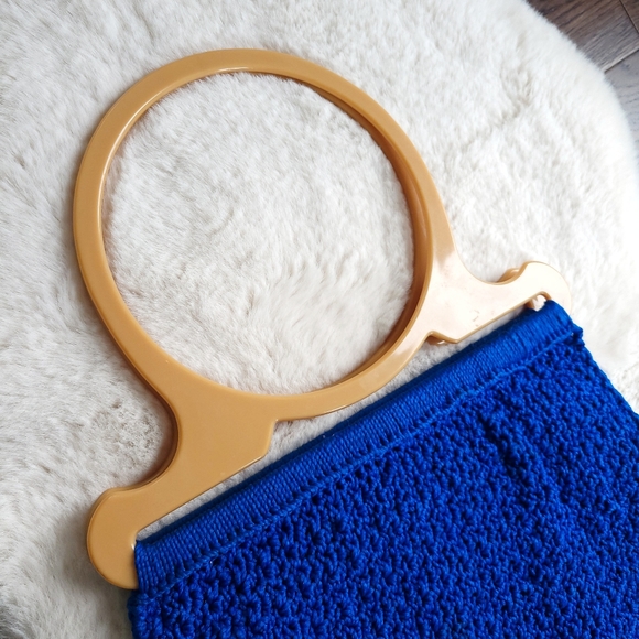 Vintage Crochet 1970s Handmade Knit Unique Royal Blue Hobo Bag Purse - Picture 2 of 9